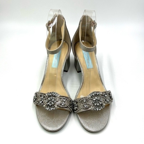 Blue Betsey Johnson Size 7 Mel Jeweled Silver Block Heels Dress Sandals Shoes - Picture 3 of 15